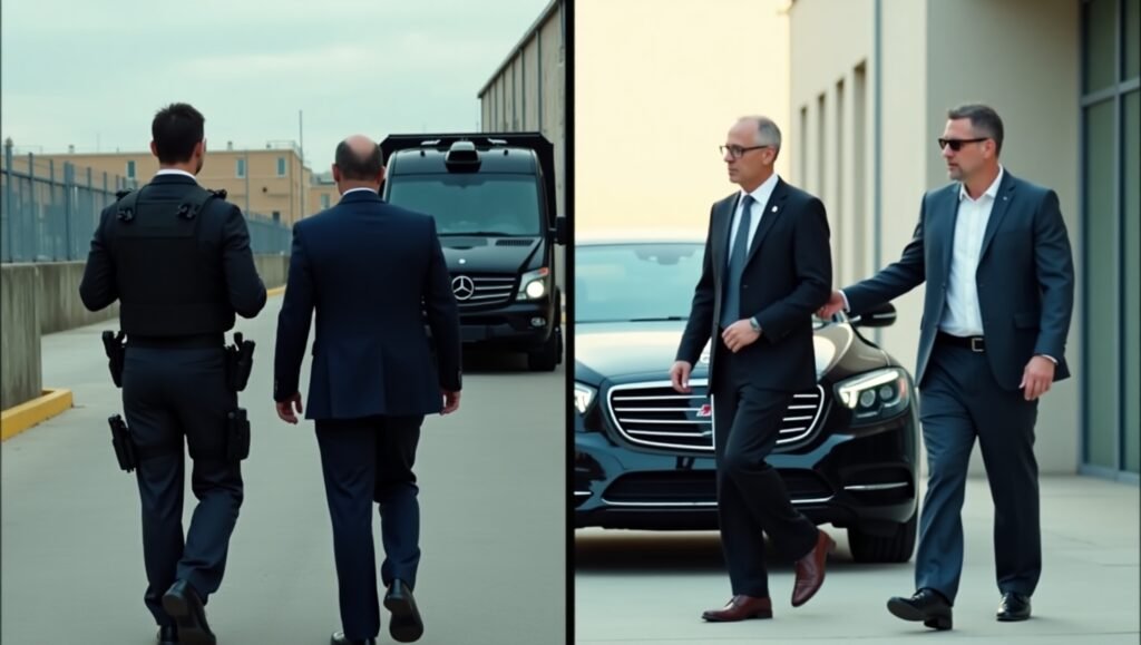 Split-screen image showing an armed security guard with a client on one side and unarmed executive protection personnel on the other, highlighting different security approaches for businesses.