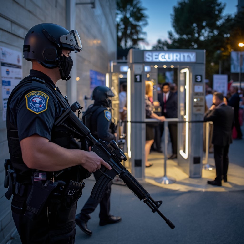 Armed security officers standing guard at a special event entrance with metal detectors and guests going through security screening.